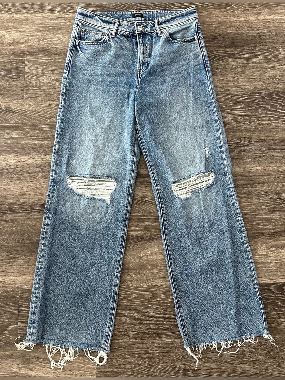 Express Wide Leg Jeans High Rise 50/50 Rigid Stretch Womens 8 Distressed Denim